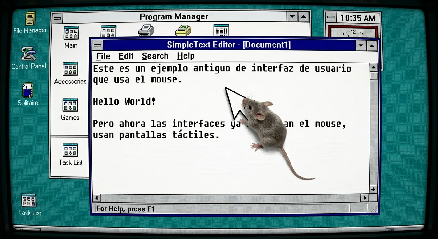 Interfaz antigua estilo Windows con un editor de texto y un ratón de verdad encima de la pantalla