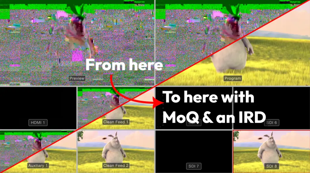 The Sencore MRD hooked into the bench, decoding a MoQ-sourced MPEG-TS to SDI.